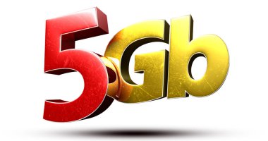 Beyaz arka planda izole edilmiş 3 boyutlu illüstrasyon 5Gb kırmızı altın. (Kırpma Yolu ile).