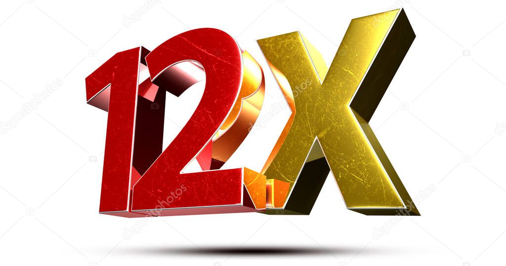 3D illustration 12X red gold isolated on a white background.(with Clipping Path).