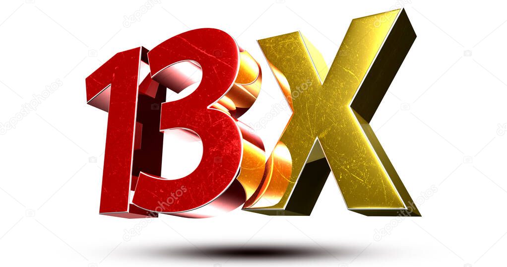 3D illustration 13X red gold isolated on a white background.(with Clipping Path).