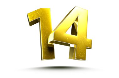 Beyaz arka planda izole edilmiş 3 boyutlu Altın Numara 14. (Kırpma Yolu ile).