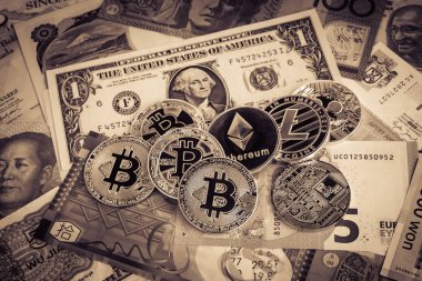 Cryptocurrency, bitcoins üzerinde yabancı para, Sepya vintage.