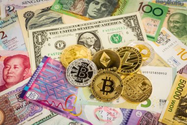Cryptocurrency sikke, elektronik para dünya çapında banknotlar nakit.