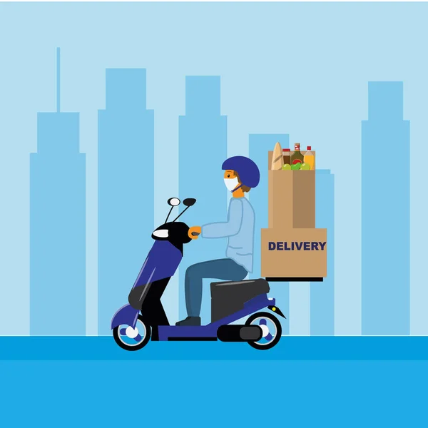 Şehirde mavi üniformalı bir teslimatçı scooter kullanıyor. Düz dizayn. Kavram