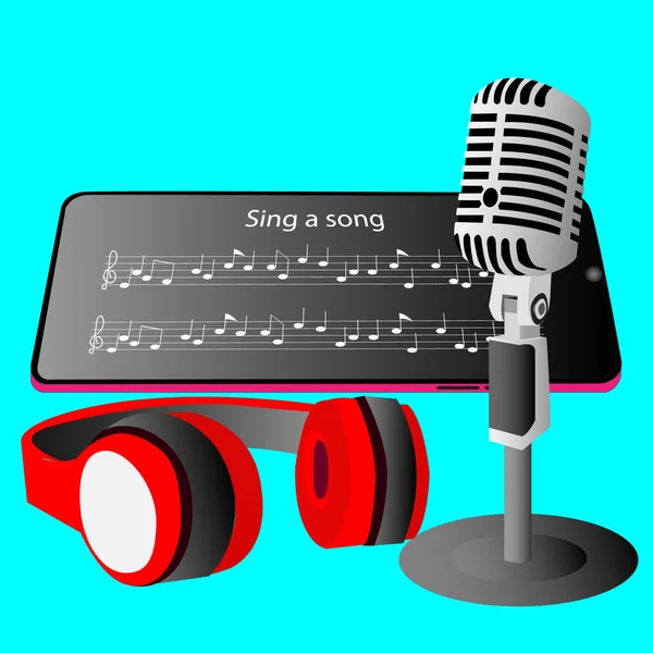 Şarkı Söylemek Için Mikrofon Cep Telefonu Kullanırken Dinlemek Için Kulaklık — Stok Vektör