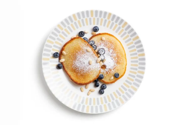 Isolated Composition Plate Pancakes Icing Sugar Blueberries Pine Nuts — Stock Photo, Image