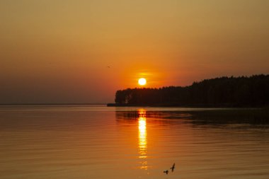 Nehir ya da denizin üzerinde altın günbatımının yatay fotoğrafı. Sudaki yansıma ateş gibi. Deniz Sıcaklığı.