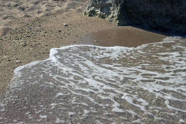 Zomer Achtergrond Van Warm Zand Met Zeegolf Zeegolf Bellen Met — Stockfoto