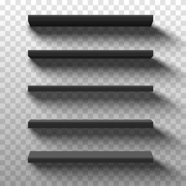 Kara dükkan ürünleri rafları. Boş vitrin görüntüsü, 3 boyutlu süpermarket perakende rafları. Kitaplık rafı, alışveriş ürünleri pazarı ürünleri rafları gerçekçi. Vektör illüstrasyonu