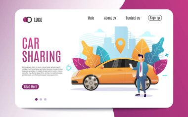 Araba paylaşım servisi reklam sitesi şablonu. Aracın yanında duran akıllı telefonlu bir adam. İş sitesi konsepti. Düz stil. Vektör illüstrasyonu