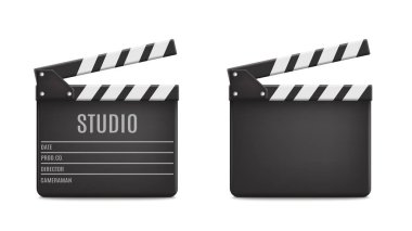 Vektör 3d Gerçekçi Açılmış Film Alkışı Tahta Kapatma Kapanışı Şeffaf Arkaplanda izole edildi. Clapperboard, Slapstick, Film Yapım Aygıtı Tasarım Şablonu. Ön Görünüm. Vektör illüstrasyonu