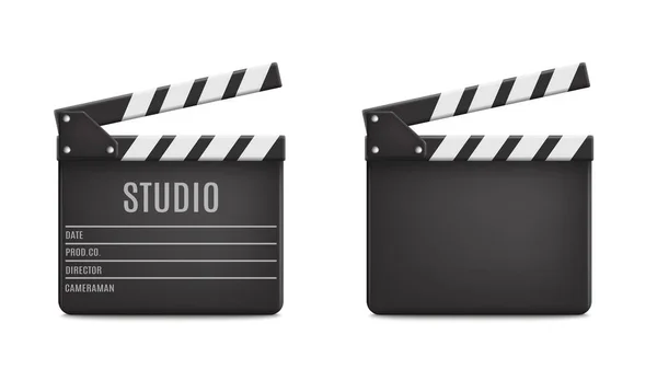 Vector 3d Realistic Open Film Clap Board Icon Set Closeup Icon Isolated on Transparent Background. Plantilla de diseño de tablero de clases, Slapstick, Dispositivo de fabricación de películas. Vista frontal. Ilustración del vector — Vector de stock