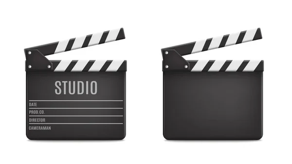 Vektor 3d realistické Open Film Clap Board Icon Set Closeup Izolované na průhledném pozadí. Design šablony Clapperboard, Slapstick, Filmmaking Device. Přední pohled.Vektorová ilustrace Royalty Free Stock Vektory