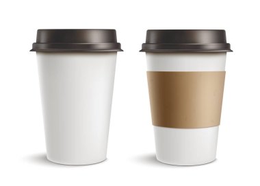 Kahve fincanı seti - Kafe için model şablon. Siyah, beyaz, kahverengi kahve fincanı modeli. Sıcak içecekler için tek kullanımlık plastik ve kağıt sofra takımı şablonu. Vektör illüstrasyonu