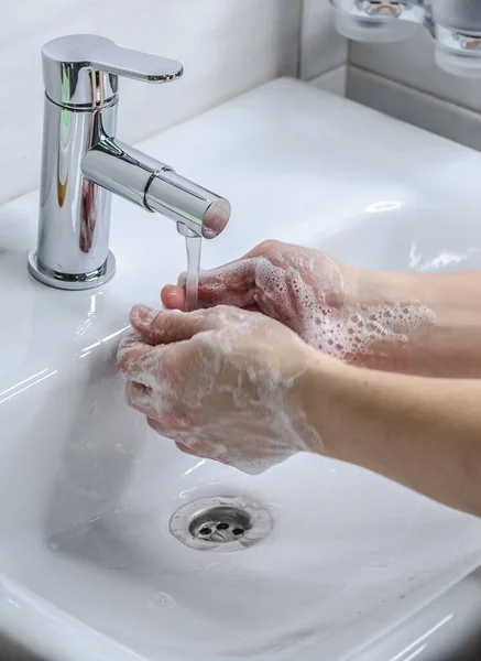 Hand Washing Soap Preventive Measures Infection Young Guy Washes His — Stock Photo, Image