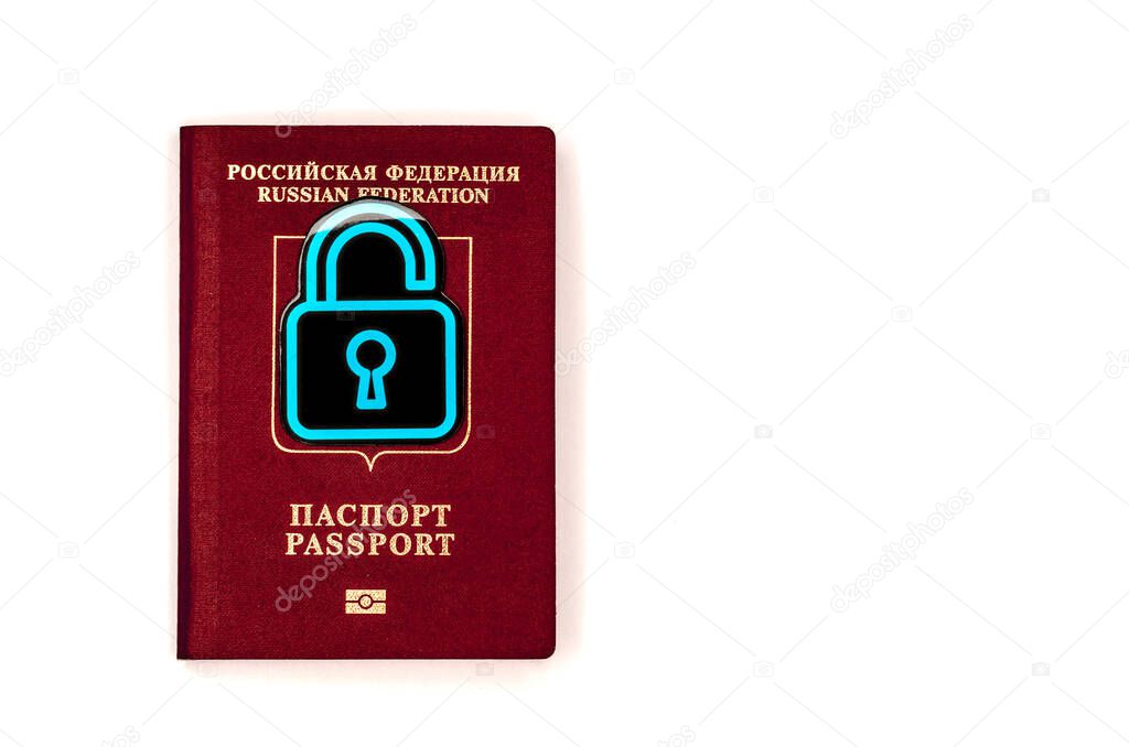 Passport with a lock. Symbol of the prohibition of departure abroad due to the coronavirus pandemic. Refusal of a visa. Travel ban