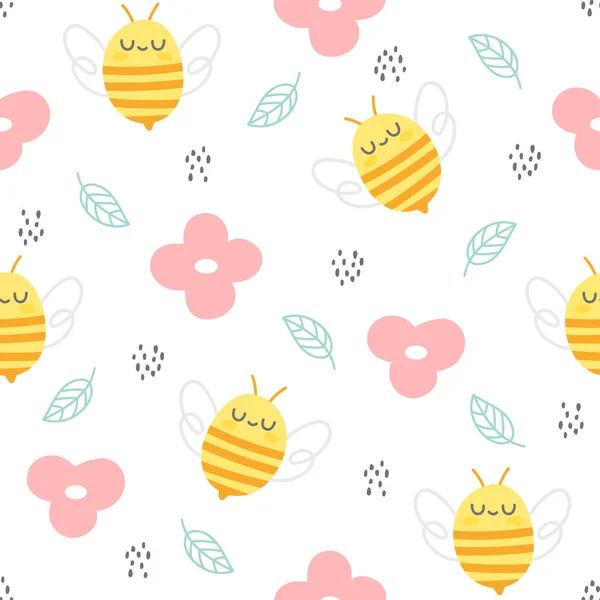 Abeille et fleurs fond de motif sans couture — Image vectorielle