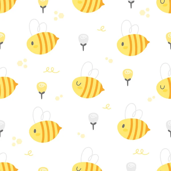 Şirin arı ve gül çiçekleri kusursuz desenli arka plan — Stok Vektör