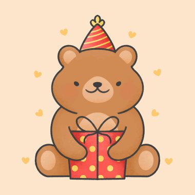 Sevimli ayı ve hediye kutusu çizgi film el çizimi tarzı