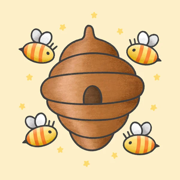 Abeille ruche et mignon dessin animé abeille style dessiné à la main — Image vectorielle