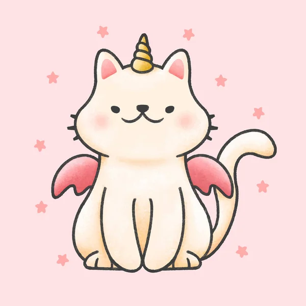 Cute cat unicorn kartun tangan digambar gaya - Stok Vektor