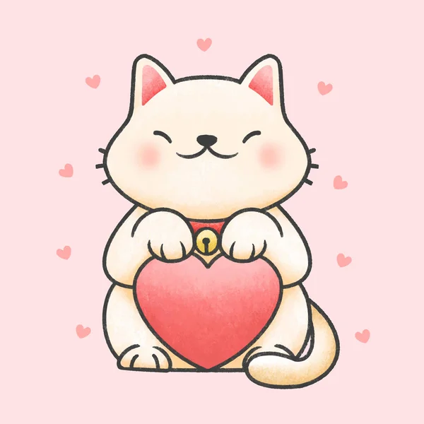 Carino gatto che tiene il cuore cartone animato mano disegnato stile — Vettoriale Stock