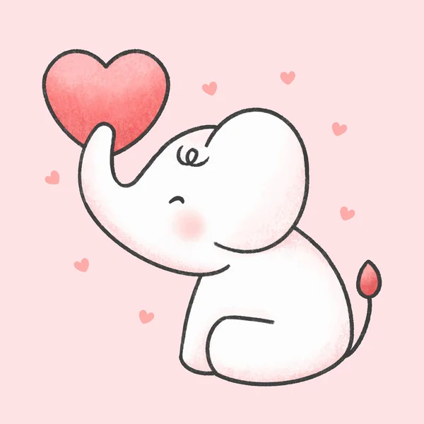 Cute elephant holding heart cartoon hand drawn style — 스톡 벡터