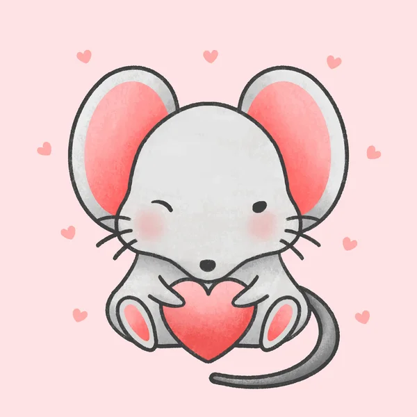 Cute mouse holding heart cartoon hand drawn style — ストックベクタ