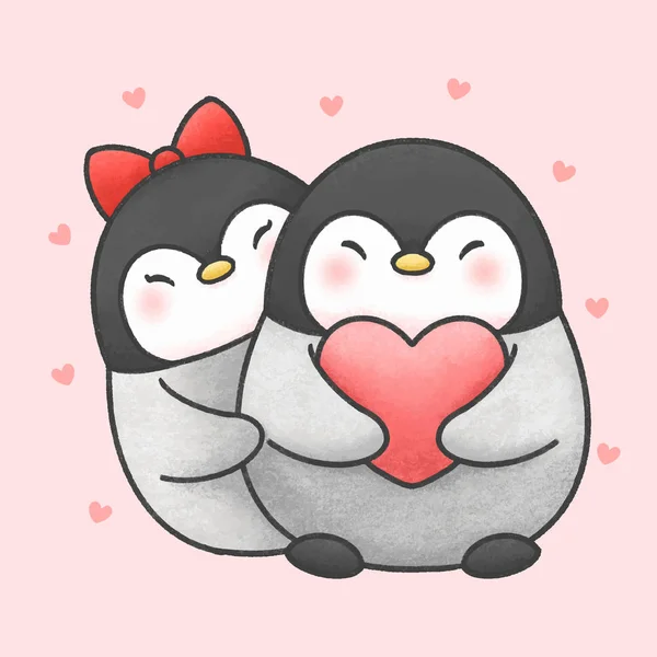 Lindo pingüino pareja dibujos animados dibujado a mano estilo — Archivo Imágenes Vectoriales