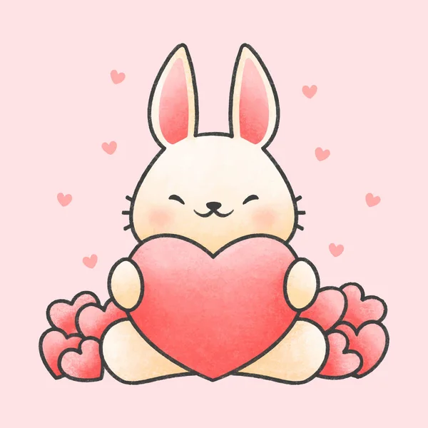 Cute rabbit hugging heart cartoon hand drawn style — ストックベクタ