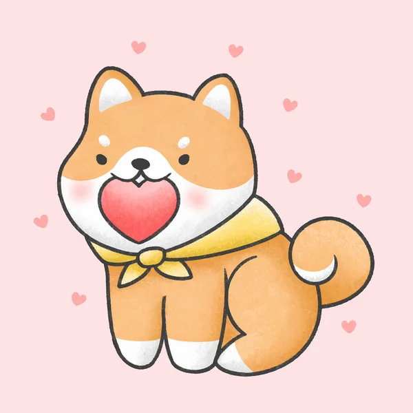 Lindo shiba inu perro celebración corazón dibujos animados mano dibujado estilo — Vector de stock