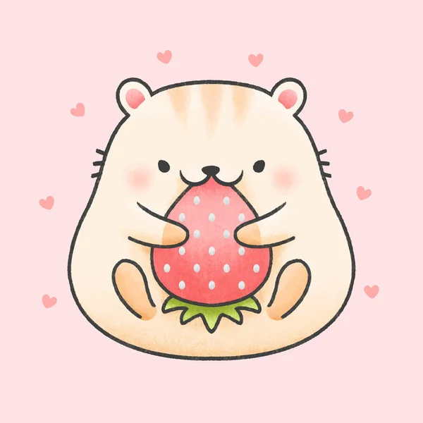 Cute chomik jeść truskawki kreskówki ręcznie rysowane styl — Wektor stockowy