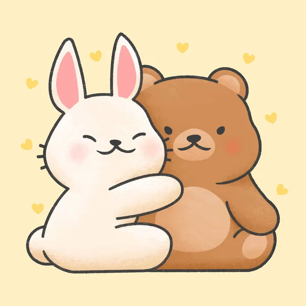 Carino coniglio e orso coppia cartone animato mano disegnato stile — Vettoriale Stock