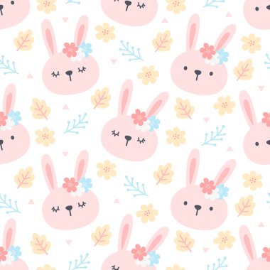 Sevimli tavşan ve çiçeksiz arka plan yinelenen desen, duvar kağıdı arka plan, şirin, pürüzsüz desen
