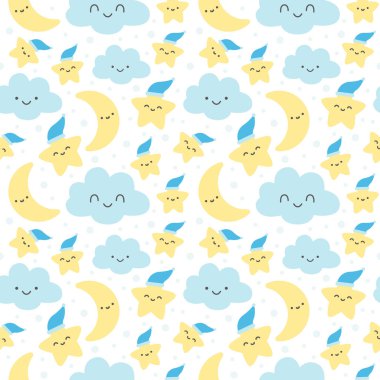 Ay yıldızları ve bulutsuz arkaplan tekrarlayan desen, duvar kağıdı arkaplan, şirin pürüzsüz desen arkaplan