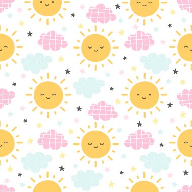 Bulutlu ve yıldızlı güneş, kusursuz arkaplan tekrarlayan desen, duvar kağıdı arka plan, şirin, pürüzsüz desen arka plan