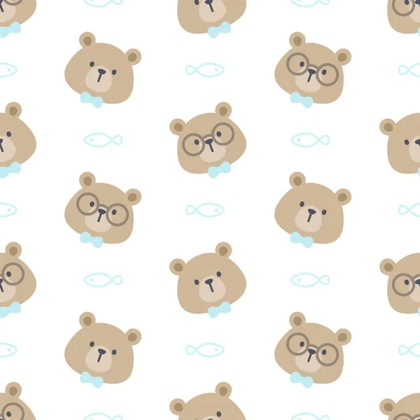 Cute Bear Glasses Bow Tie Seamless Background Repeating Pattern Wallpaper — Stock Vector