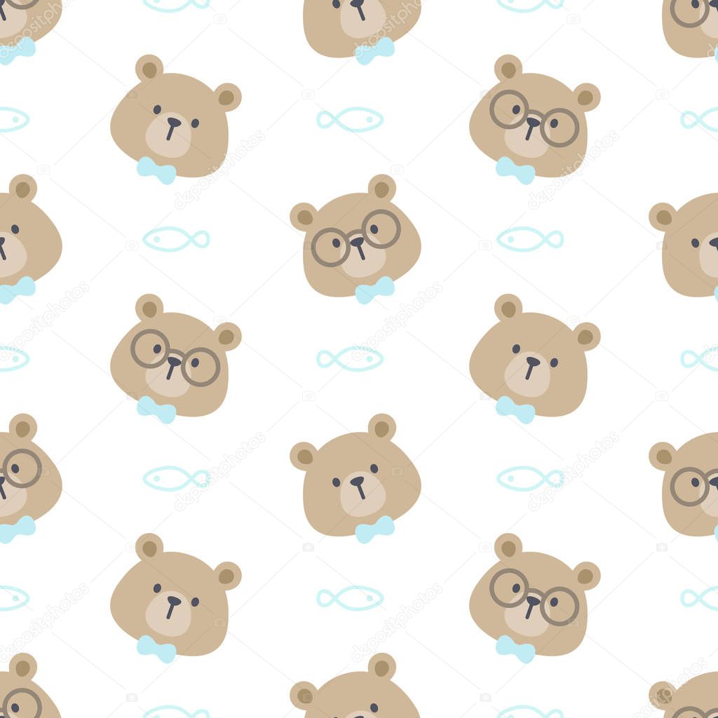 Cute bear with glasses and bow tie seamless background repeating pattern, wallpaper background, cute seamless pattern background