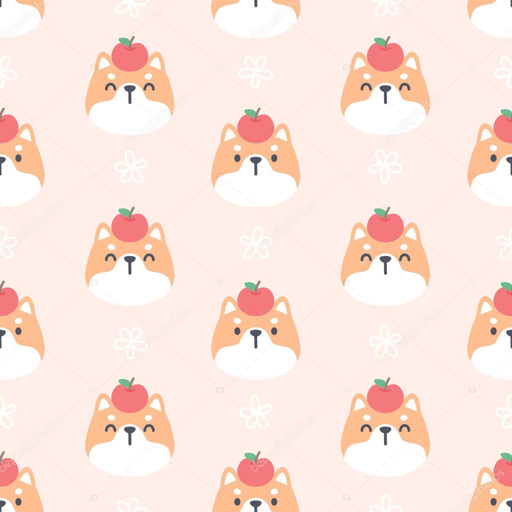 Shiba inu dog with apple seamless background repeating pattern, wallpaper background, cute seamless pattern background