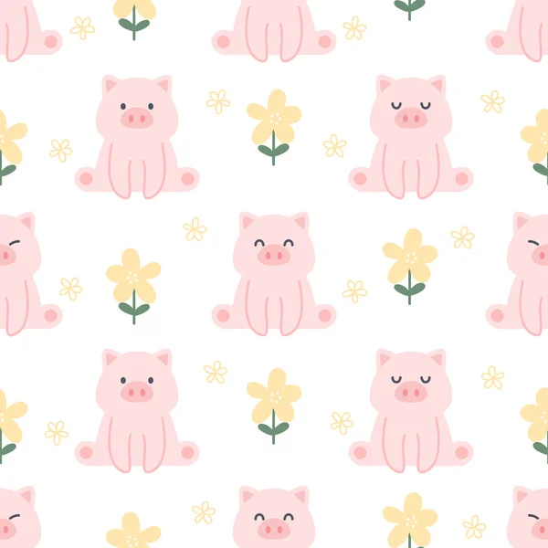 Cute Pig Flowers Seamless Background Repeating Pattern Wallpaper Background Cute — 스톡 벡터