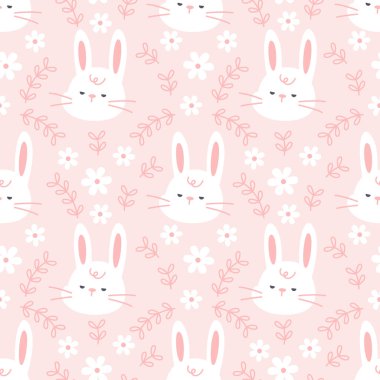Çiçekleri ve yapraksız arka planı olan sevimli bir tavşan. Tekrarlayan desen, duvar kâğıdı arka plan, şirin, pürüzsüz desen arka plan.