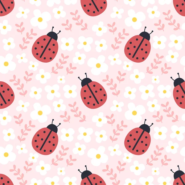Ladybugs and flowers seamless background repeating pattern, wallpaper background, cute seamless pattern background