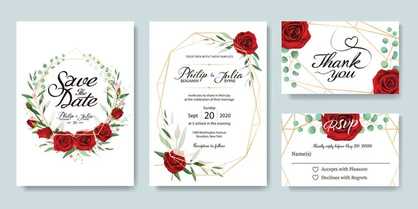 Düğün davetiyesi, tarihi kaydet, teşekkür ederim, RSVP kart tasarım şablonu. Yaz çiçeği, kırmızı gül, gümüş dolar, zeytin yaprağı, balmumu çiçeği..