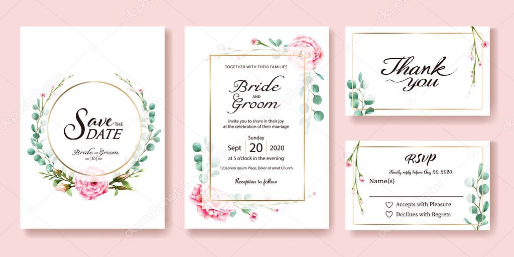 Wedding Invitation, save the date, thank you, rsvp card Design template. Vector. Pink rose, silver dollar leaves. Watercolor style.