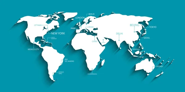 Modern world map with shadow and capital name. — 스톡 벡터