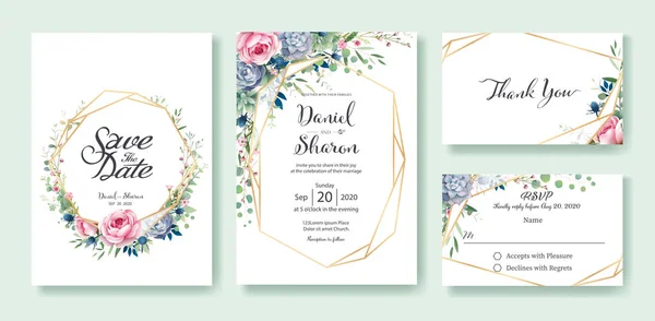 Düğün davetiyesi, tarihi kaydet, teşekkür ederim, RSVP kart tasarım şablonu. Gül çiçeği ve yapraklar.
