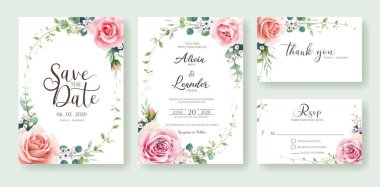 Çiçekli düğün davetiyesi, tarihi kaydet, teşekkürler, RSVP kart tasarım şablonu. Vektör. Portakal ve pembe gül, balmumu çiçeği ve zeytin yaprakları..