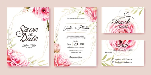 Davet düğün, tarih, teşekkür ederim, rsvp kartı tasarım şablonu kaydedin. Vektör. Pembe gül, zeytin yaprağı. Suluboya stili.