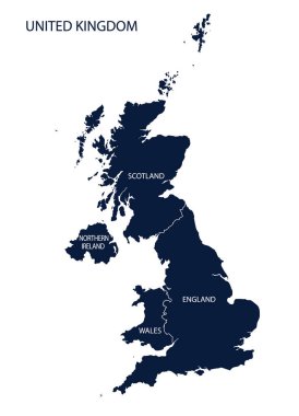 Birleşik Krallık 'ın Mavi Haritası beyaz arka planda izole edilmiş, her eyalette