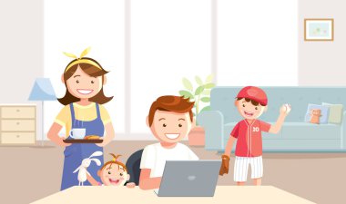 Evde çalışmaya çalışan babama annem göz kulak oluyor. Oğlu ve kızı, Coronavirus (Covid-19) koruması altında evde olmak için babalarıyla oynamak ister. Düz bir biçimdeki vektör.