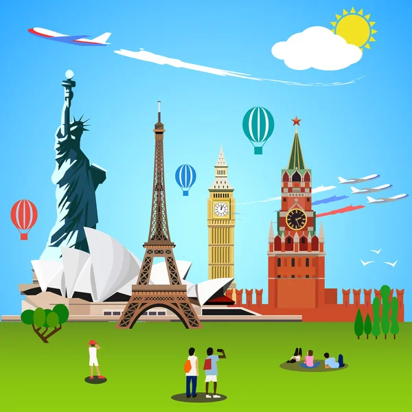 Dünya yerlerinden kavramı. Vektör çizim seyahat tasarımı için.